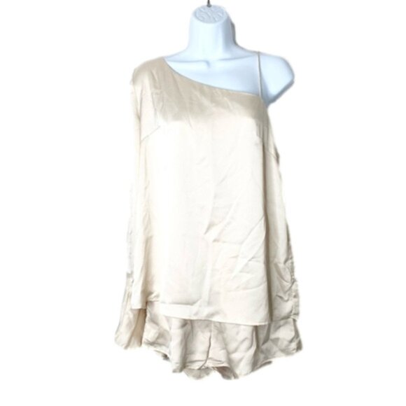 Sabo Skirt Luxe Satin Romper One Shoulder Flare Long Sleeve Playsuit Jumpsuit - Picture 5 of 16